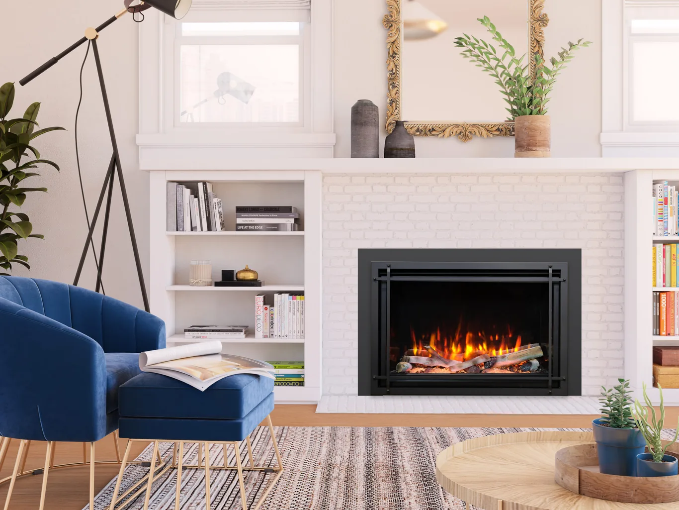 A Kozy Heat Osseo electric fireplace in a bright white built-in wall