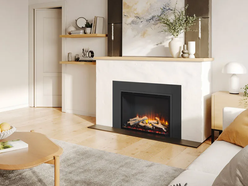 A Regency Atmosphere electric insert burning in a cream mantel
