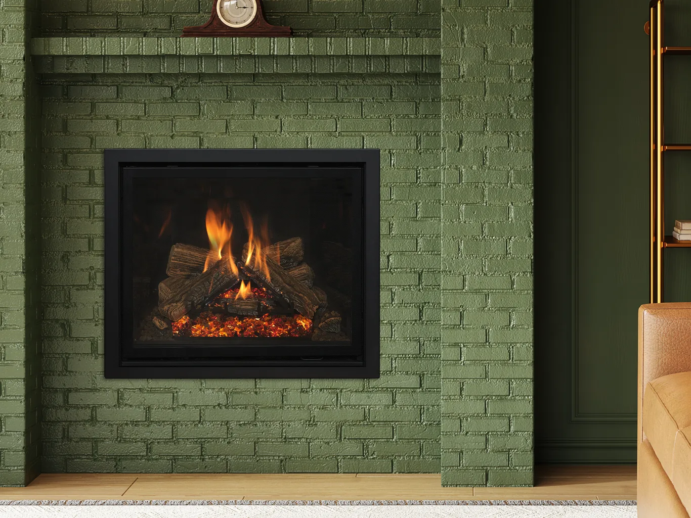 A Kozy Heat Nordik gas fireplace burning in a deep-green painted brick room