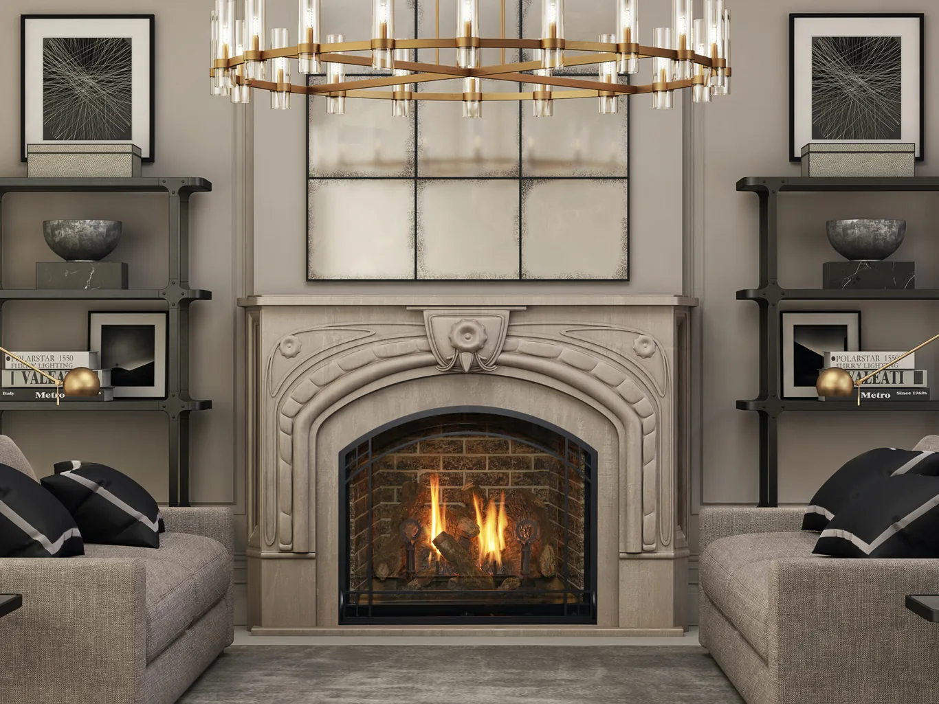 A Kozy Heat Alpha 36 gas fireplace burning in a classical cast-stone surround
